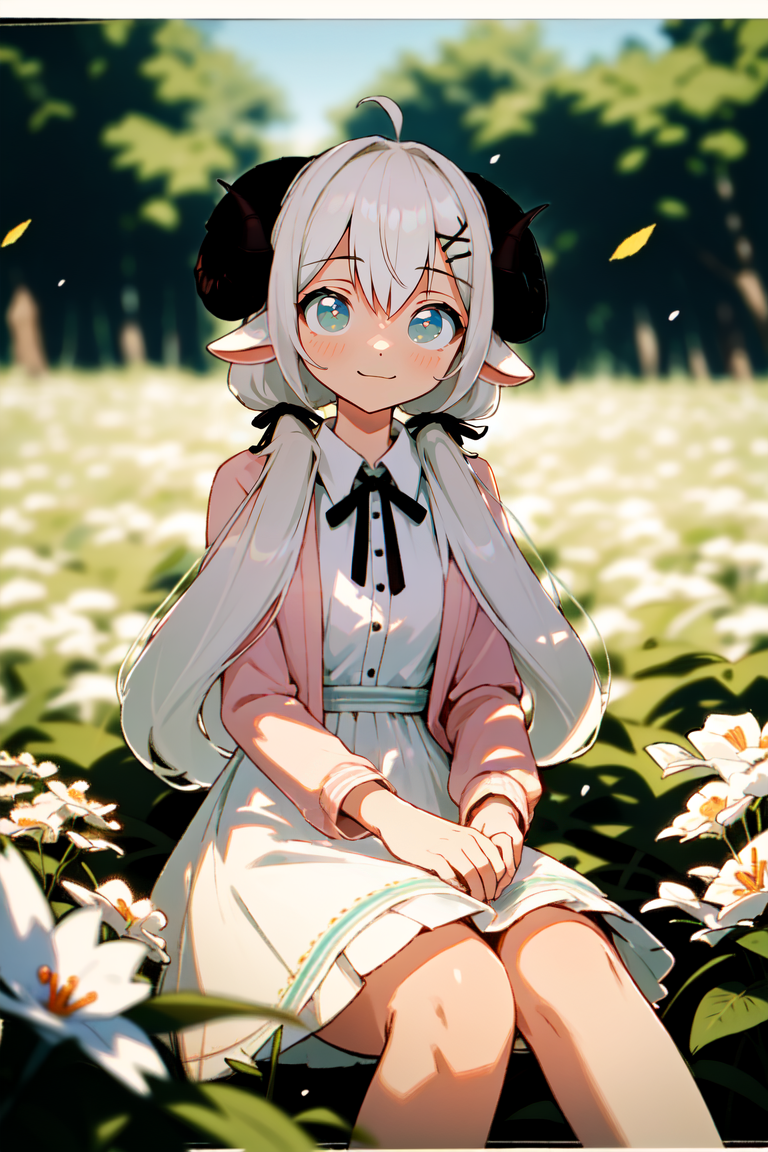 00618-3842888569-(masterpiece, best quality), (Dollie Hitsujida)sitting in a field of green plants and flowers, her hand holding her hair, warm l.png